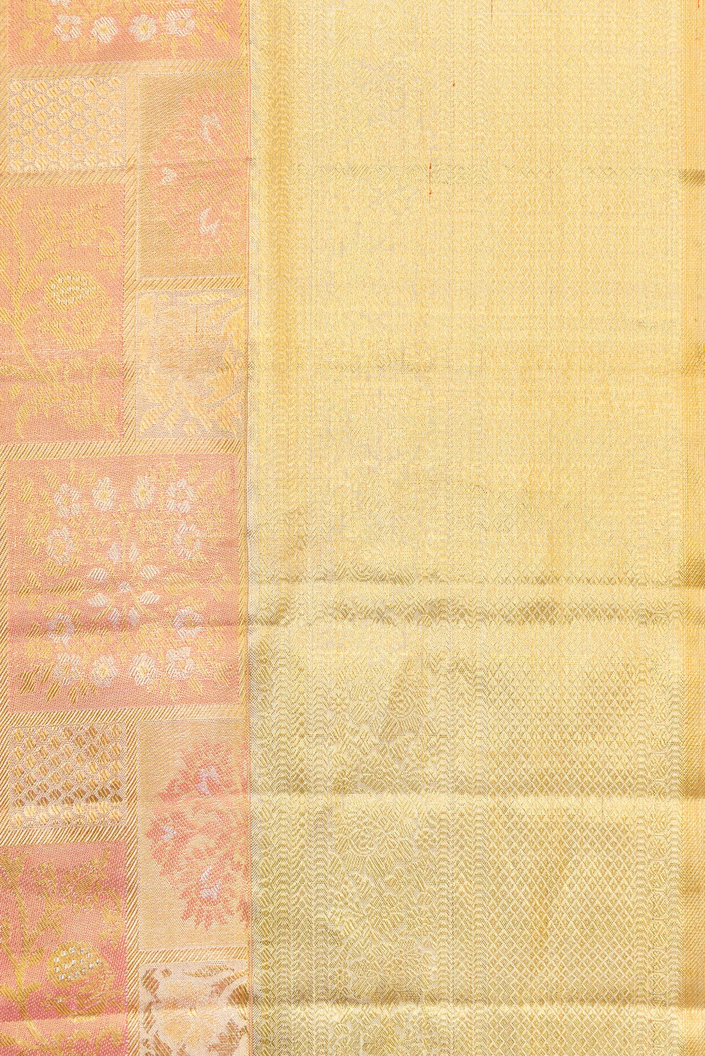 Border image of Rose Gold Dual Tone Kanjivaram Tissue Silk Saree with Zari Brocade on the body and Zari Border. 