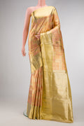 Rose Gold Dual Tone Kanjivaram Tissue Silk Saree with Zari Brocade on the body and Zari Border.  displayed on a mannequin