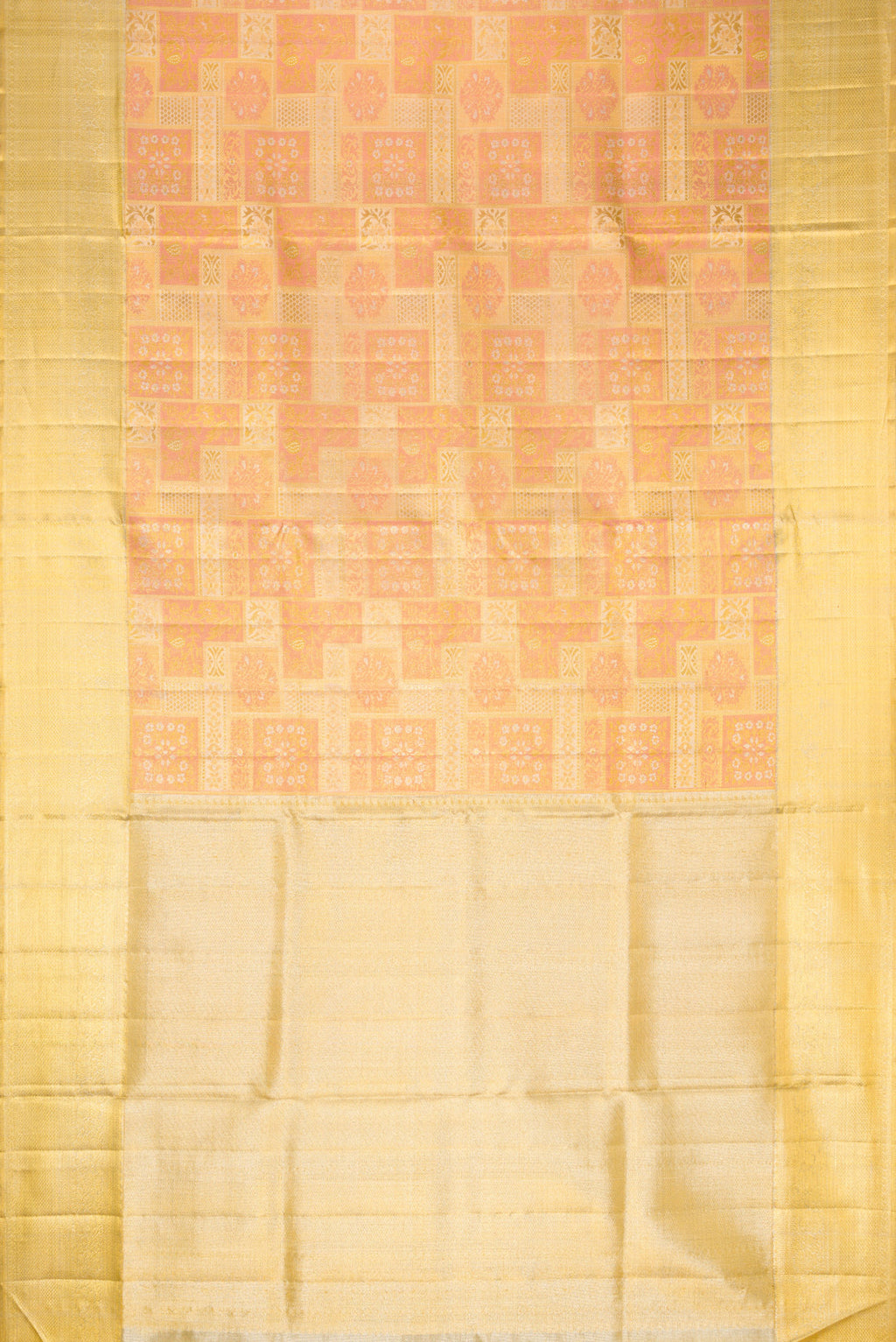 Flat view of Rose Gold Dual Tone Kanjivaram Tissue Silk Saree with Zari Brocade on the body and Zari Border. 