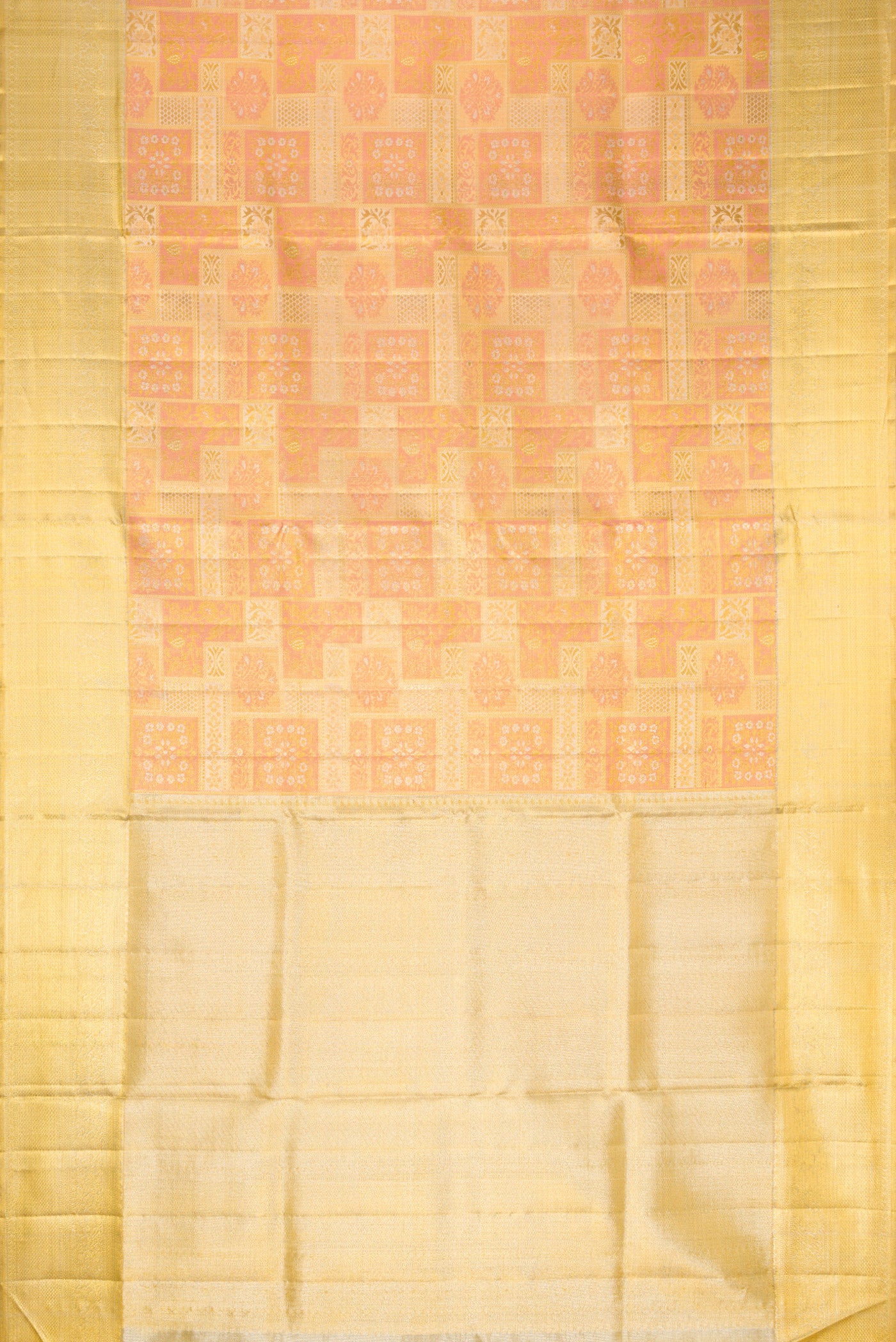 Flat view of Rose Gold Dual Tone Kanjivaram Tissue Silk Saree with Zari Brocade on the body and Zari Border. 