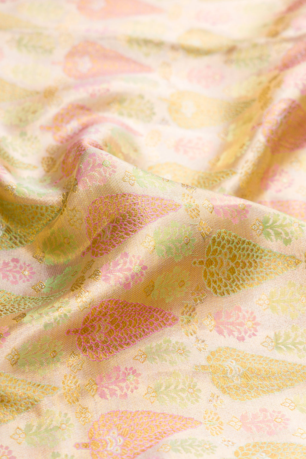Close up of Gold Dual Tone Kanjivaram Tissue Silk Saree with Zari Brocade on the body and Zari Border.  displaying folds