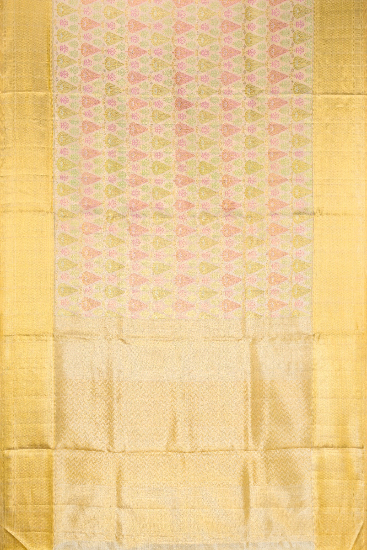 Flat view of Gold Dual Tone Kanjivaram Tissue Silk Saree with Zari Brocade on the body and Zari Border. 