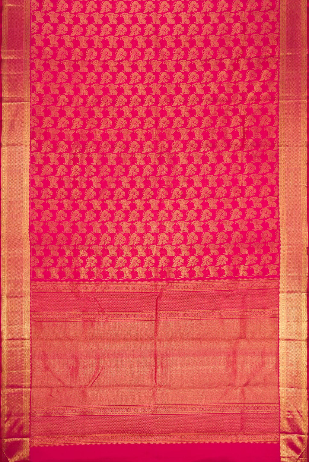 Flat view of Pink Dual Tone Kanchipuram Silk Saree with Zari Brocade on the body and Zari Border. 