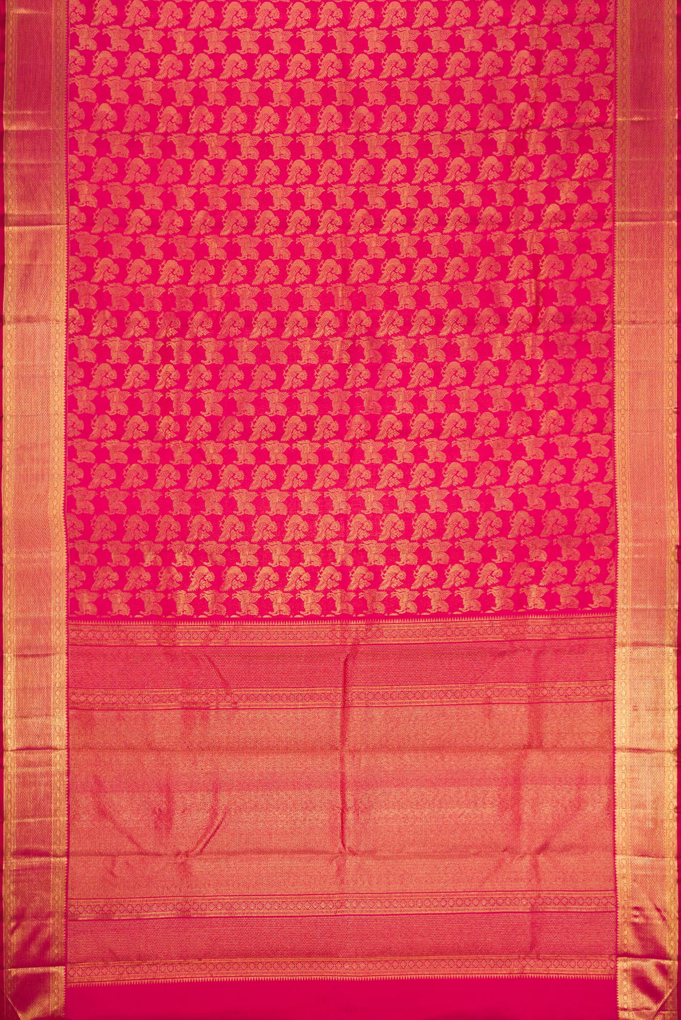 Flat view of Pink Dual Tone Kanchipuram Silk Saree with Zari Brocade on the body and Zari Border. 