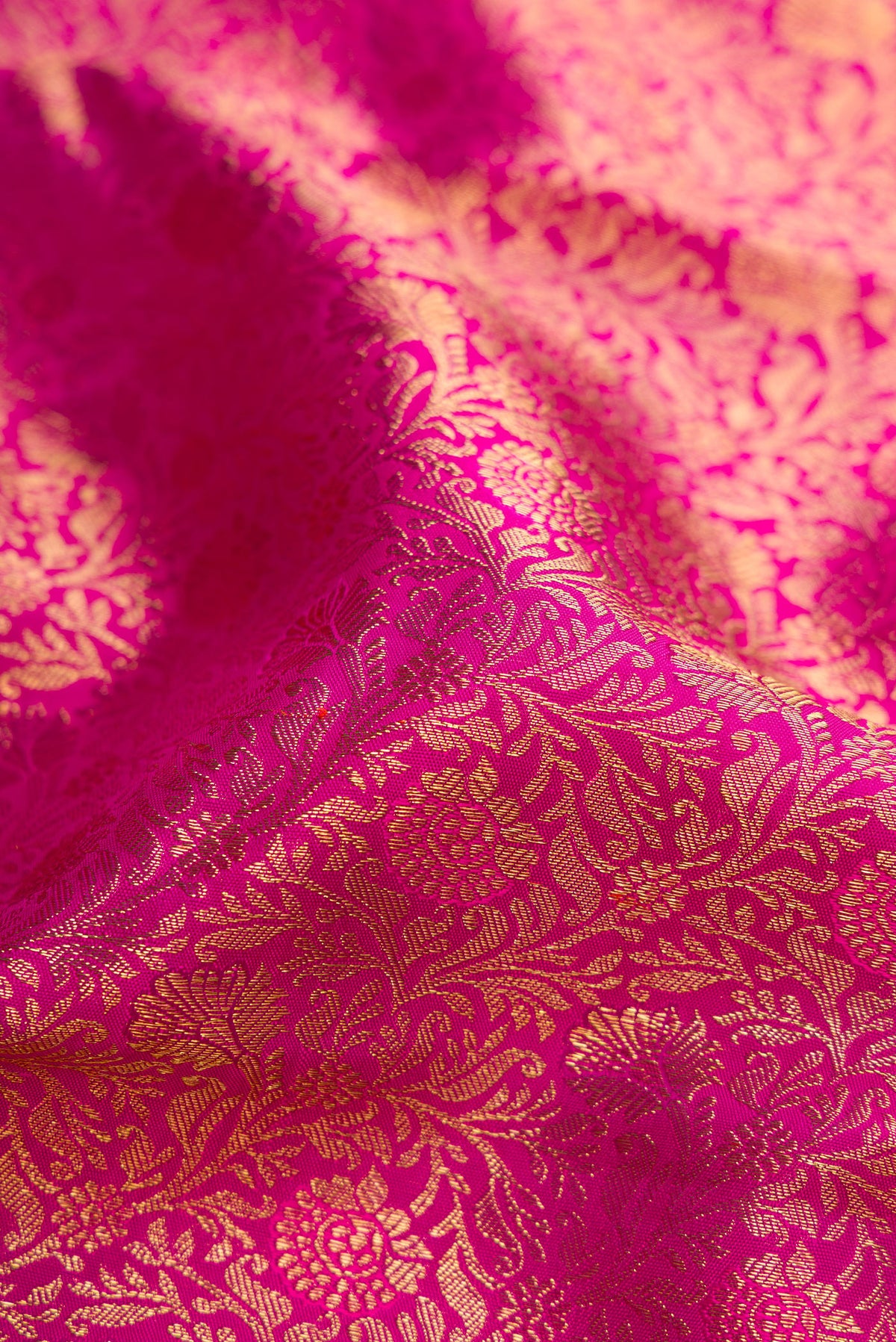 Close up of Pink Dual Tone Kanjivaram Silk Saree with Zari Brocade on the body and Zari Border.  displaying folds