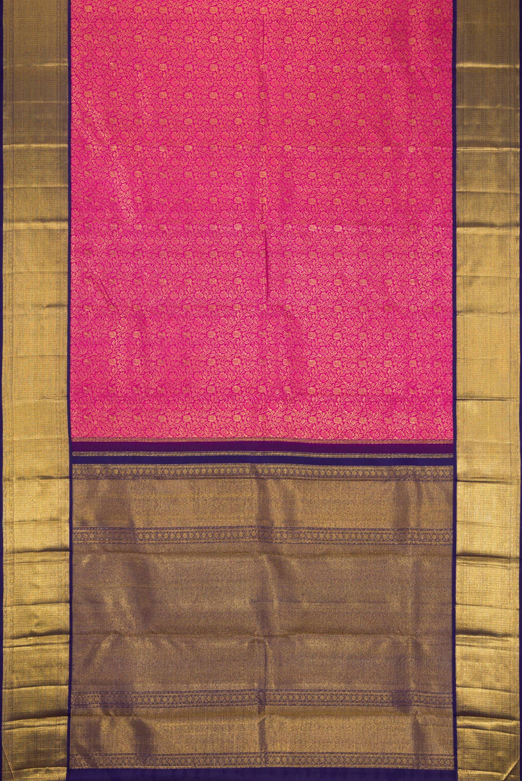 Flat view of Pink Dual Tone Kanjivaram Silk Saree with Zari Brocade on the body and Zari Border. 