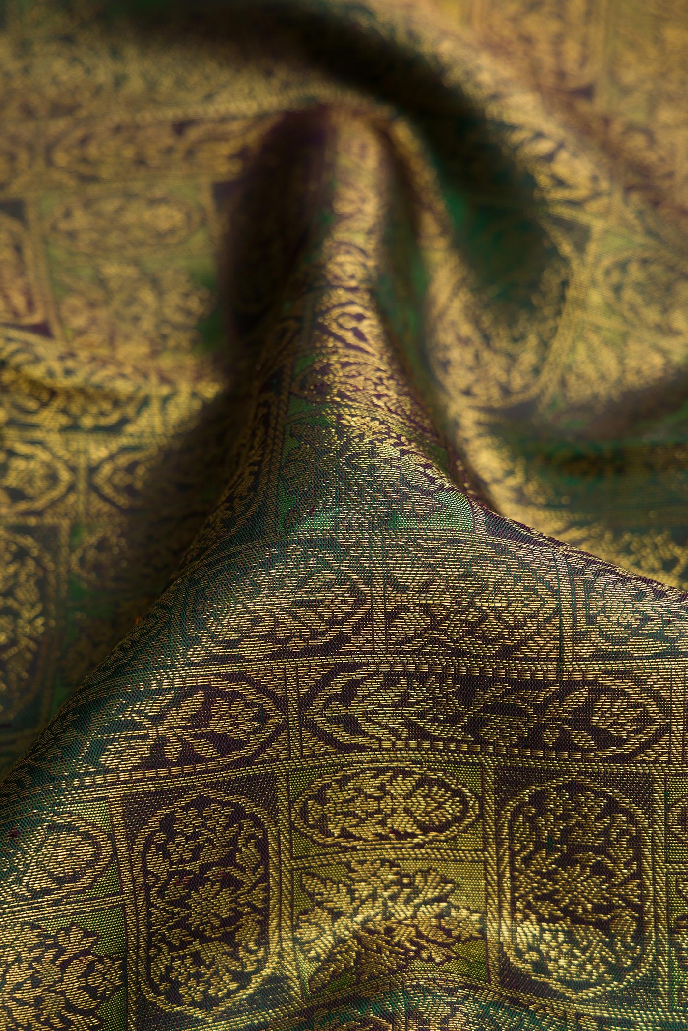 Close up of Green Dual Tone Kanchipuram Silk Saree with Zari Brocade on the body and Zari Border.  displaying folds