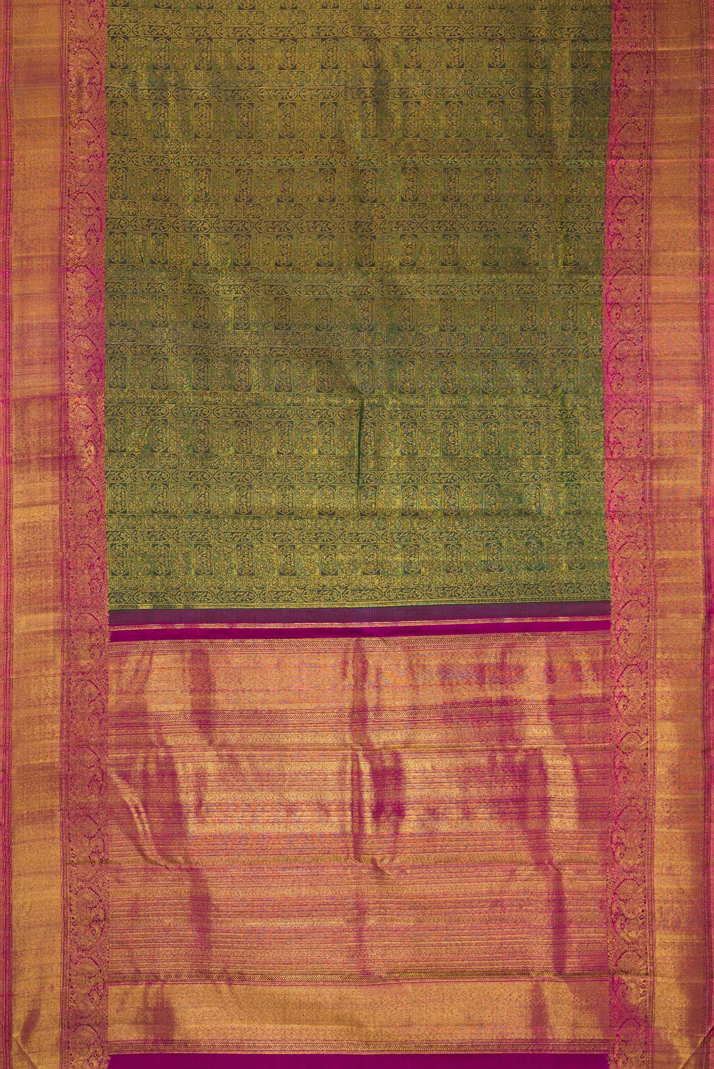 Flat view of Green Dual Tone Kanchipuram Silk Saree with Zari Brocade on the body and Zari Border. 