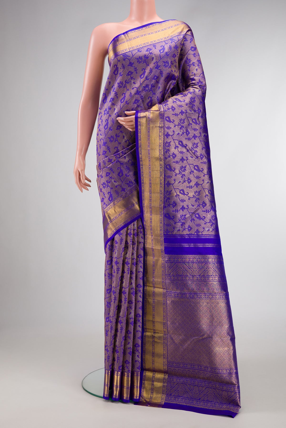 Royal Blue Dual Tone Kanchipuram Silk Saree with Zari Brocade on the body and Zari Border.  displayed on a mannequin