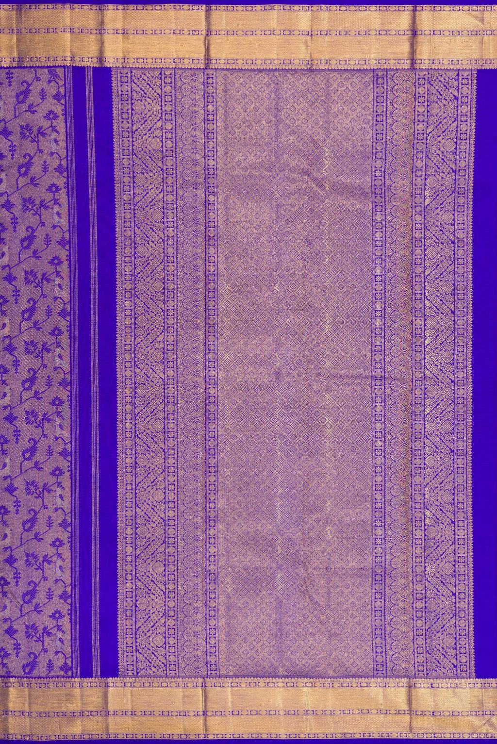 Close up image of the pallu of Royal Blue Dual Tone Kanchipuram Silk Saree with Zari Brocade on the body and Zari Border. 