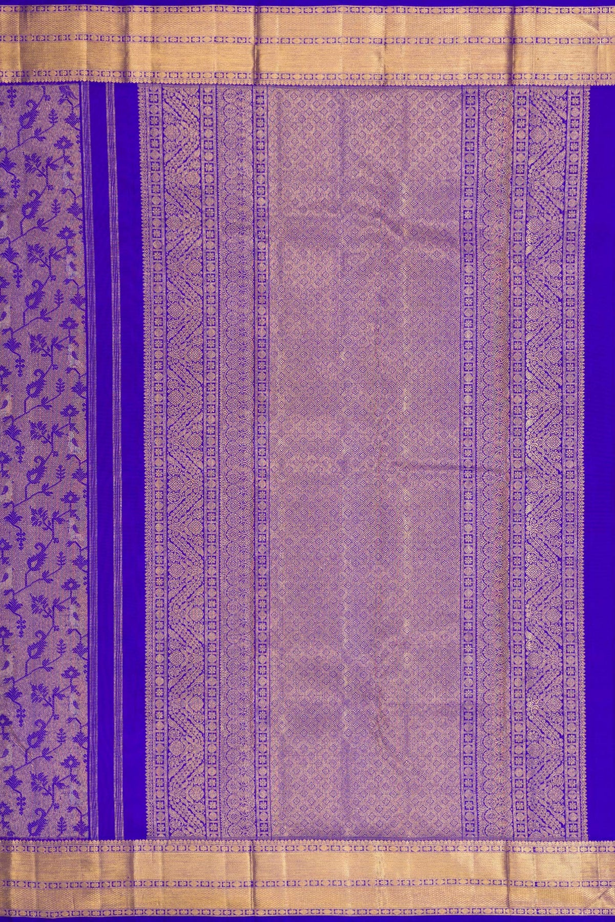 Close up image of the pallu of Royal Blue Dual Tone Kanchipuram Silk Saree with Zari Brocade on the body and Zari Border. 