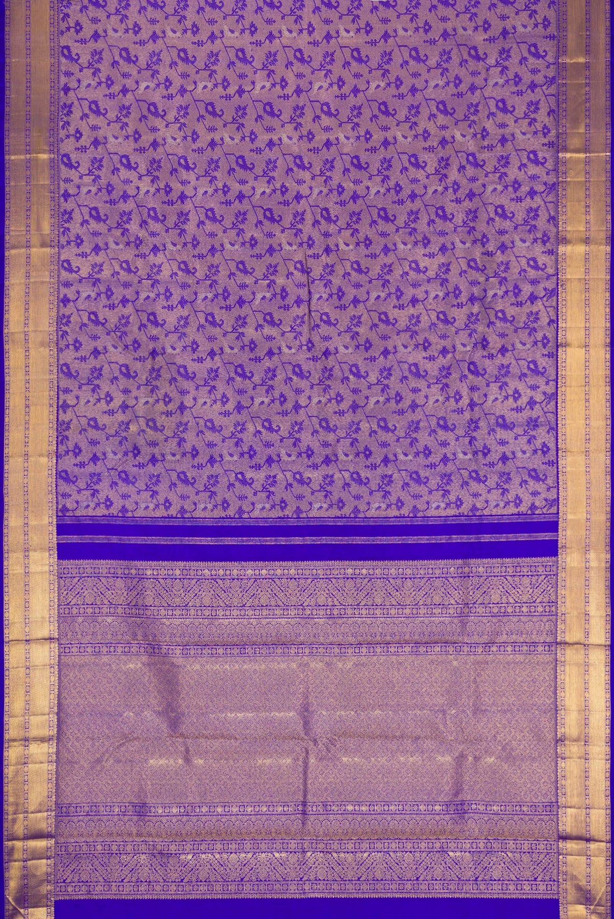 Flat view of Royal Blue Dual Tone Kanchipuram Silk Saree with Zari Brocade on the body and Zari Border. 