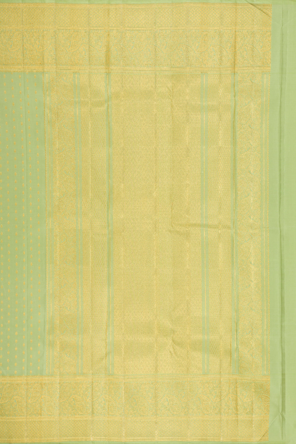 Close up image of the pallu of Pista Green Dual Tone Kanjivaram Silk Saree with Zari Butta on the body and Fancy Border. 