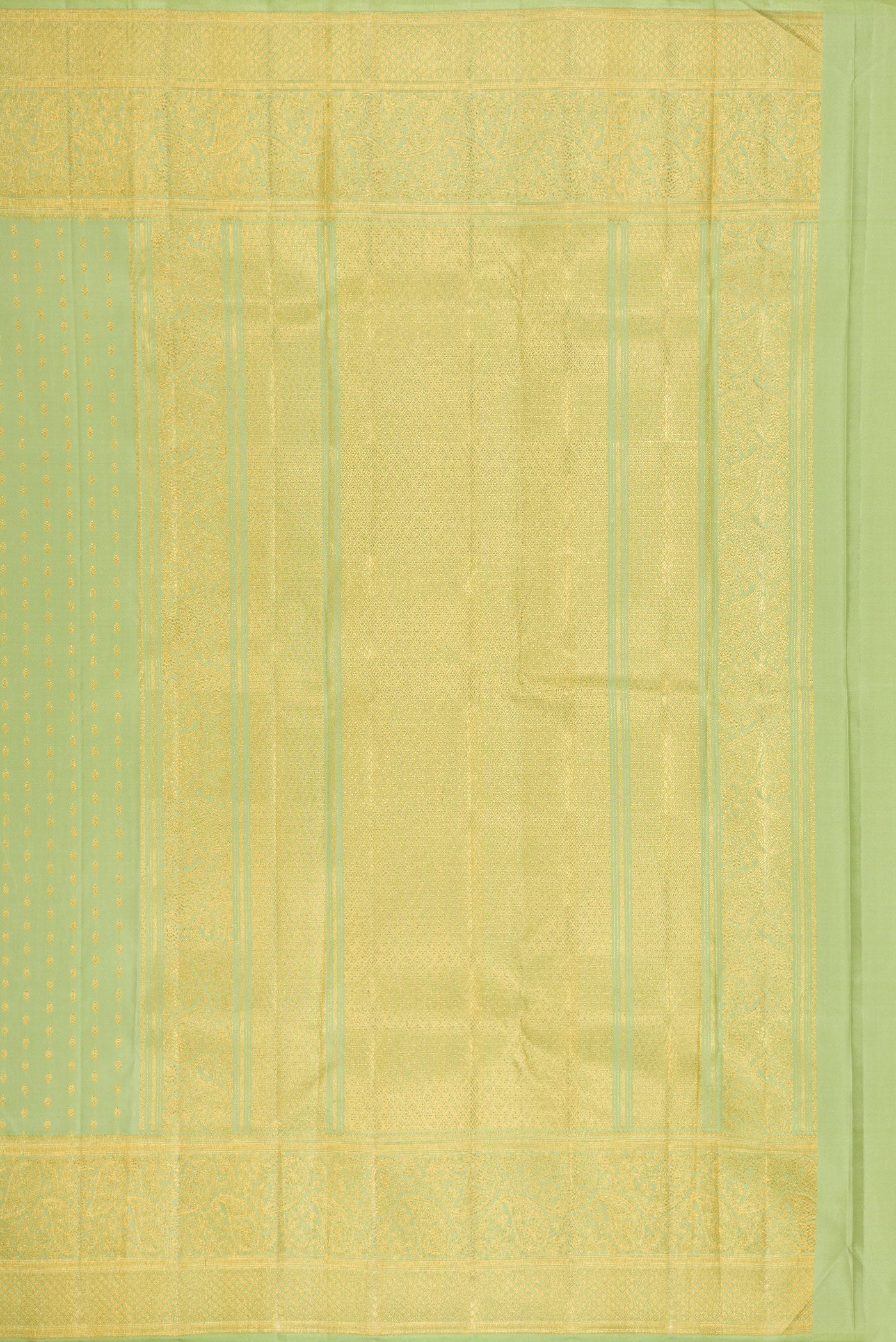 Close up image of the pallu of Pista Green Dual Tone Kanjivaram Silk Saree with Zari Butta on the body and Fancy Border. 