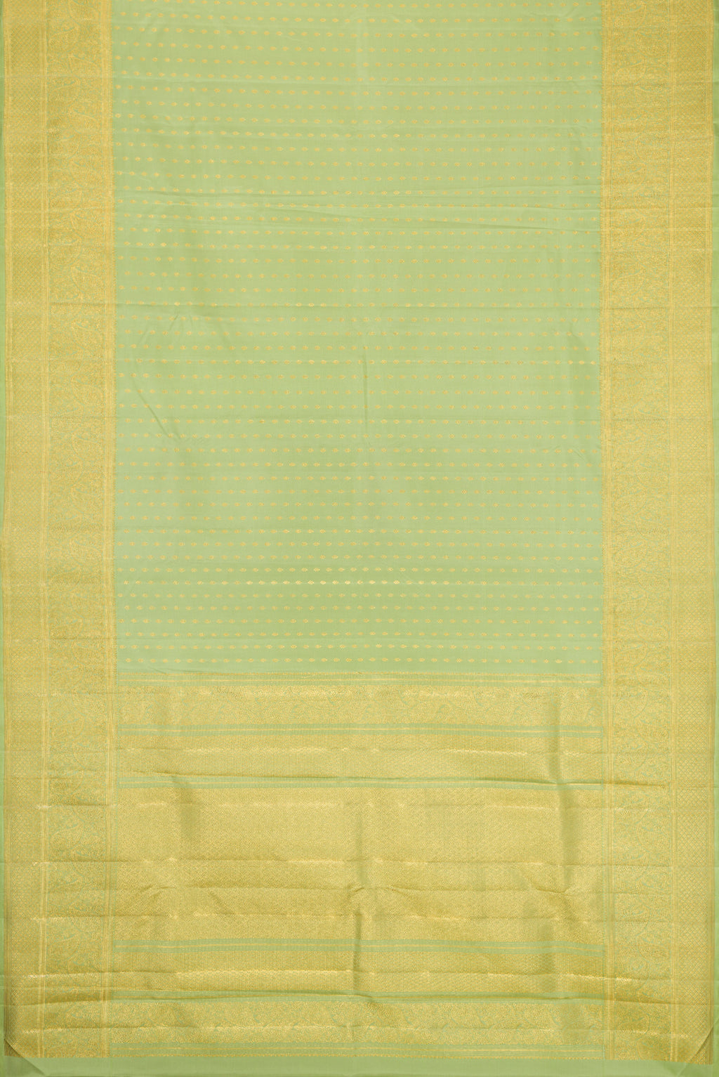 Flat view of Pista Green Dual Tone Kanjivaram Silk Saree with Zari Butta on the body and Fancy Border. 