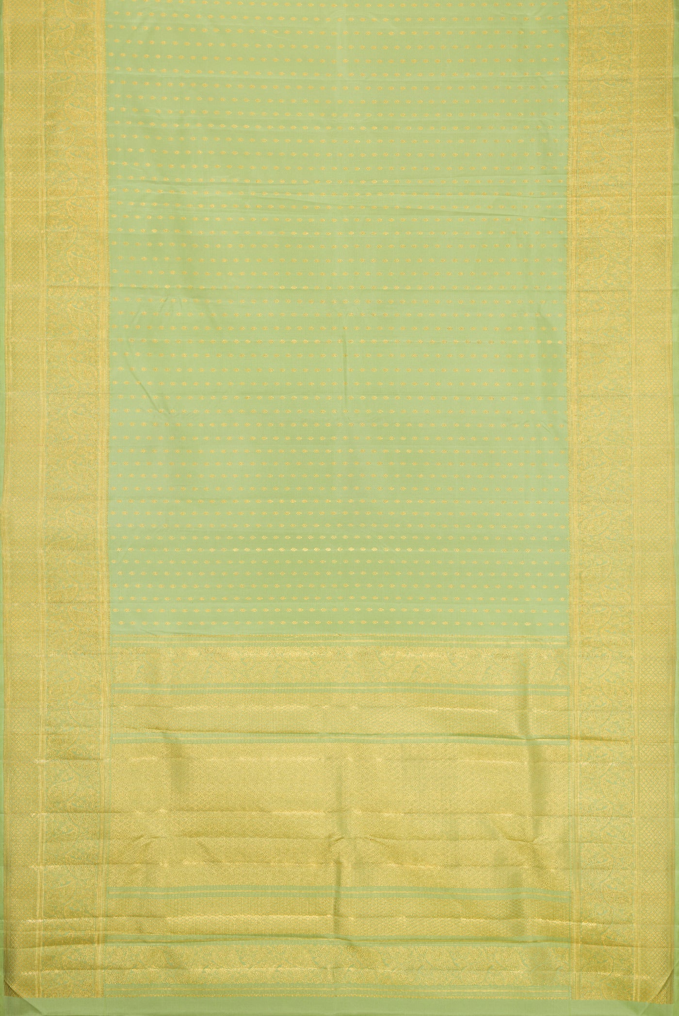 Flat view of Pista Green Dual Tone Kanjivaram Silk Saree with Zari Butta on the body and Fancy Border. 