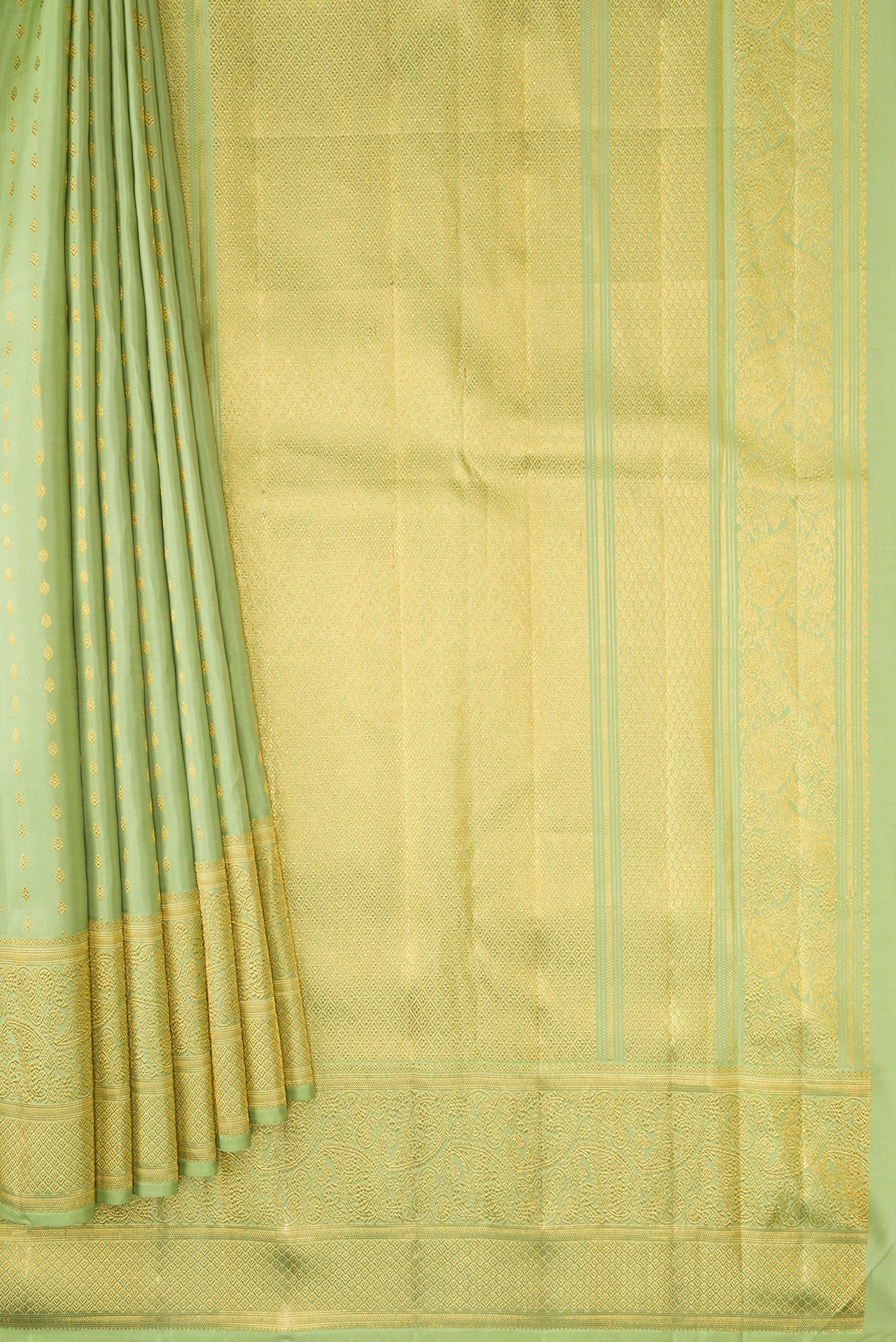 Pleats and pallu of Pista Green Dual Tone Kanjivaram Silk Saree with Zari Butta on the body and Fancy Border. 