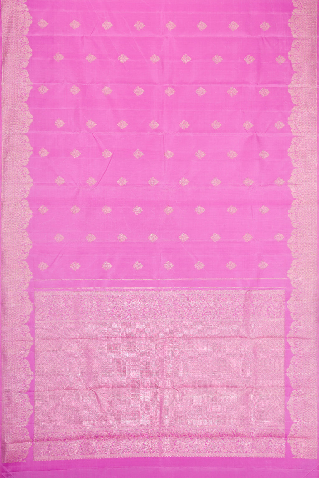 Flat view of Pink Dual Tone Kanjivaram Silk Saree with Zari Butta on the body and Fancy Border. 