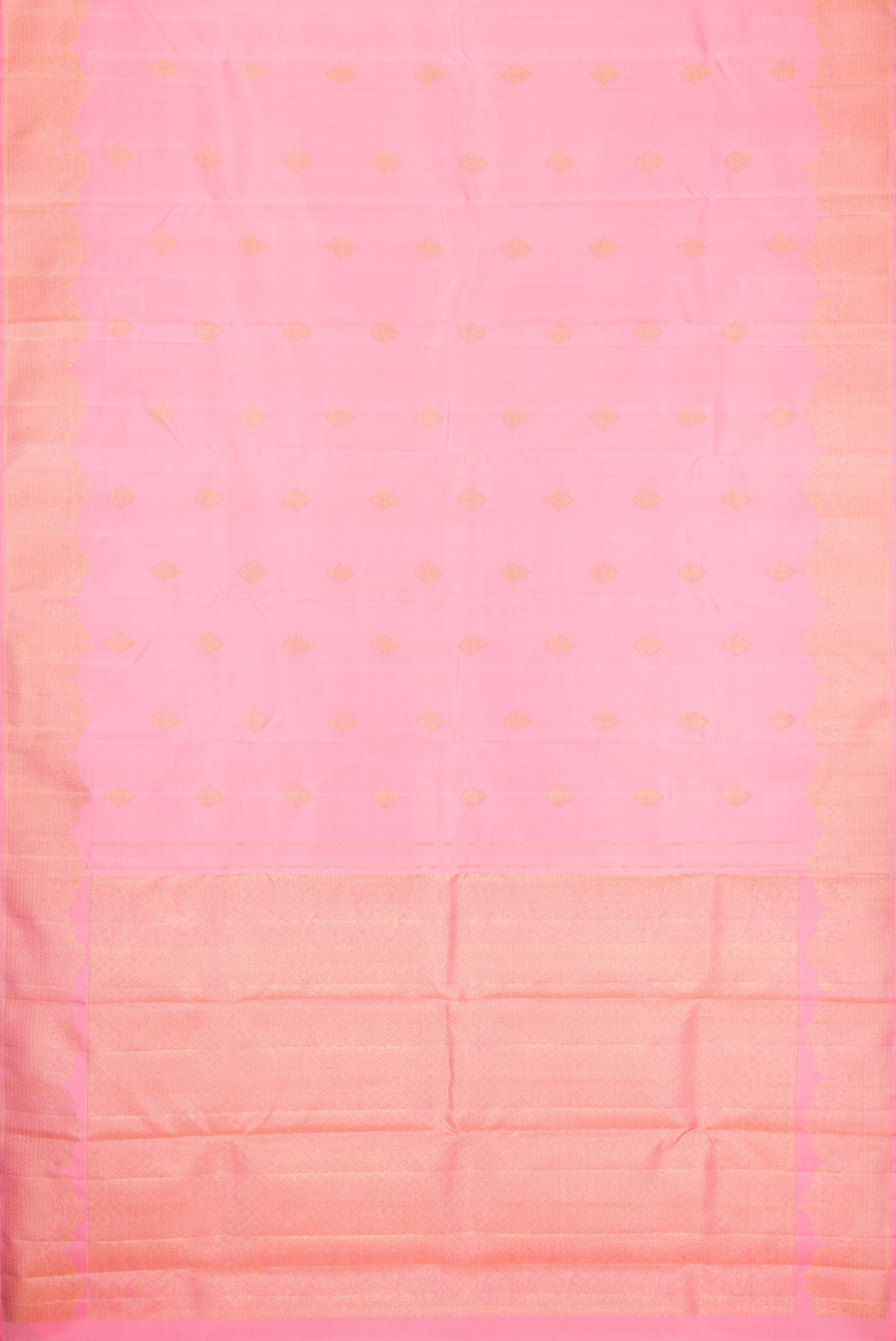 Flat view of Pink Dual Tone Kanjivaram Silk Saree with Zari Butta on the body and Fancy Border. 