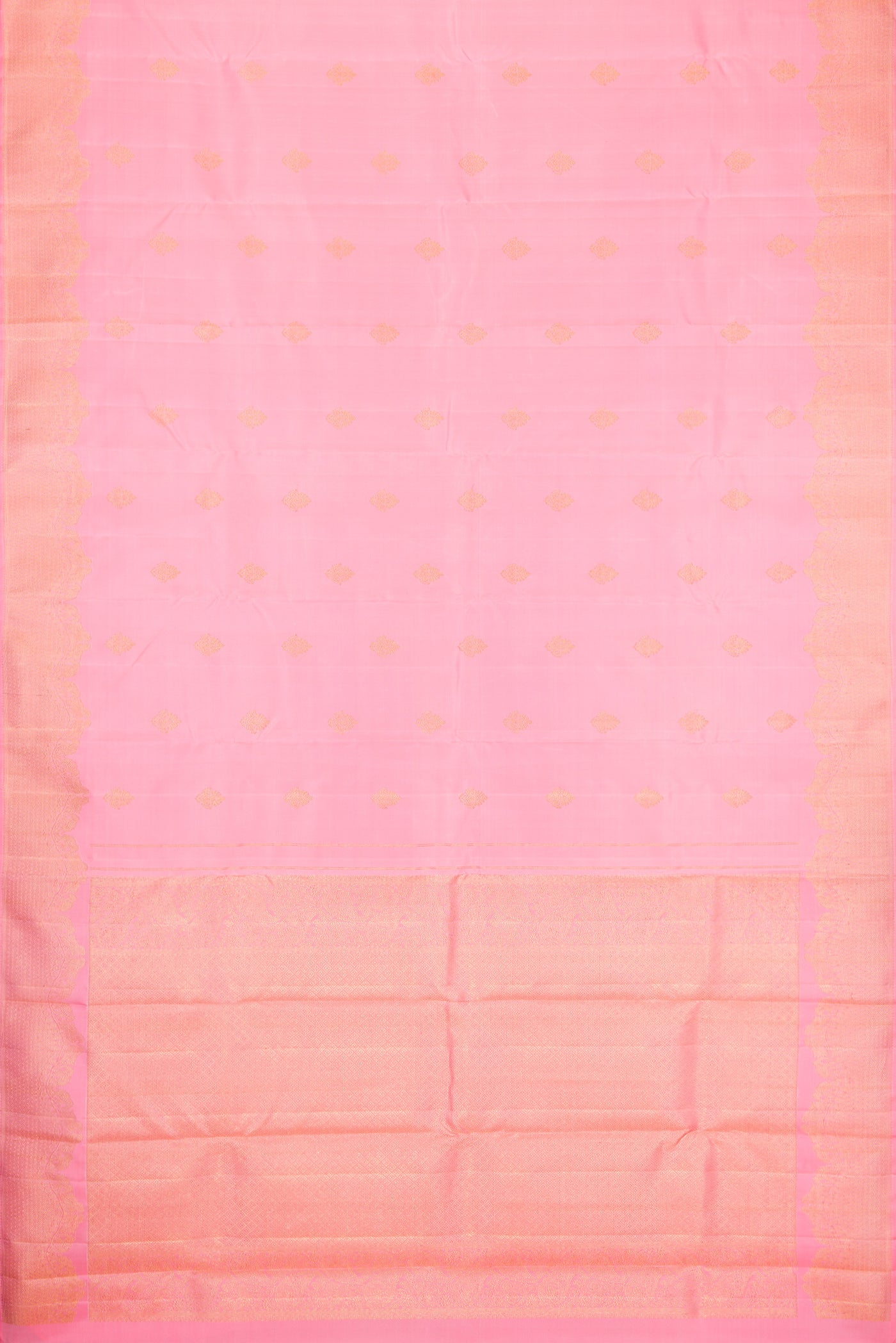 Flat view of Pink Dual Tone Kanjivaram Silk Saree with Zari Butta on the body and Fancy Border. 