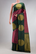 Rose Gold Dual Tone Kanjivaram Silk Saree with Stripes on the body and Fancy Border.  displayed on a mannequin