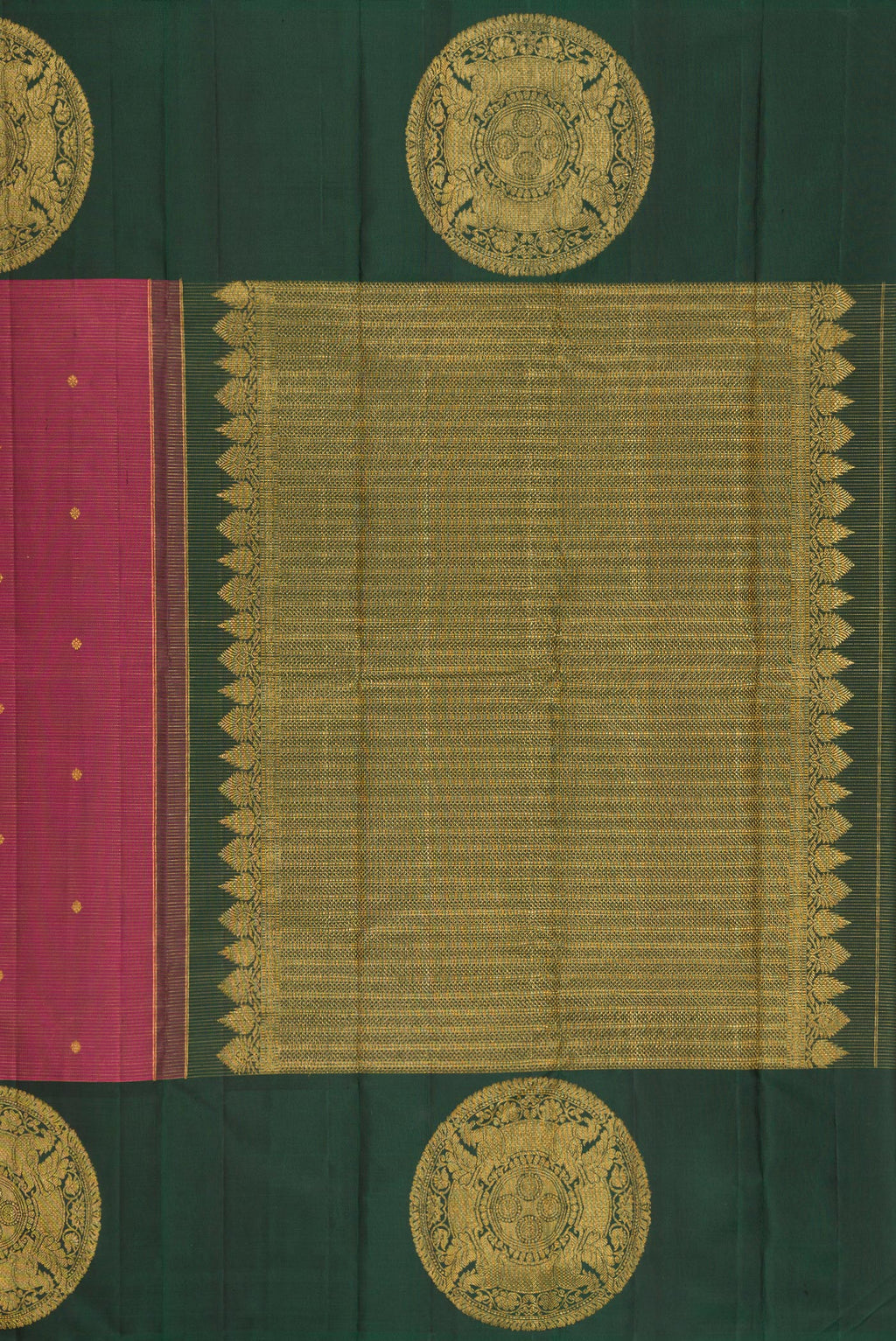 Close up image of the pallu of Rose Gold Dual Tone Kanjivaram Silk Saree with Stripes on the body and Fancy Border. 