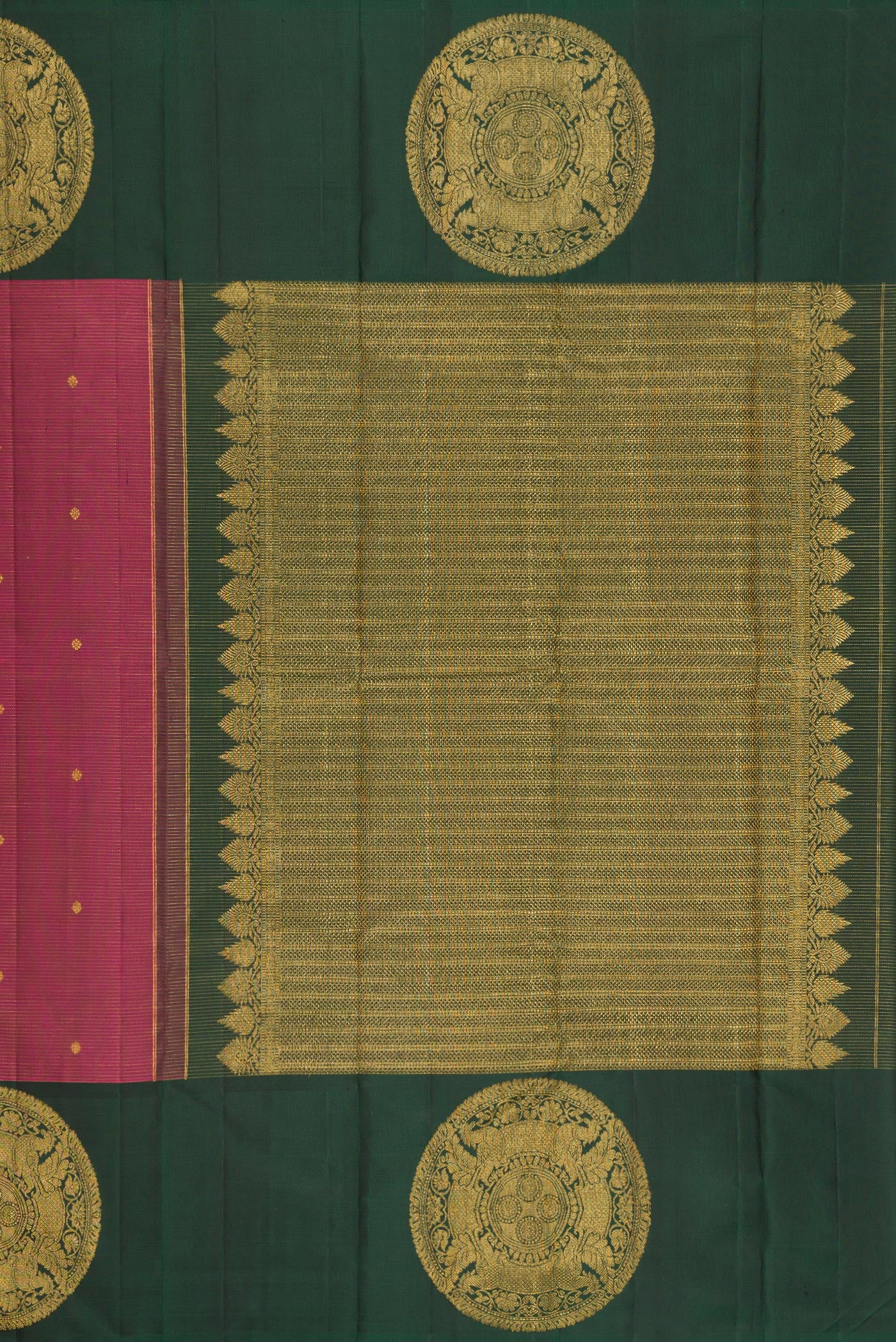 Close up image of the pallu of Rose Gold Dual Tone Kanjivaram Silk Saree with Stripes on the body and Fancy Border. 