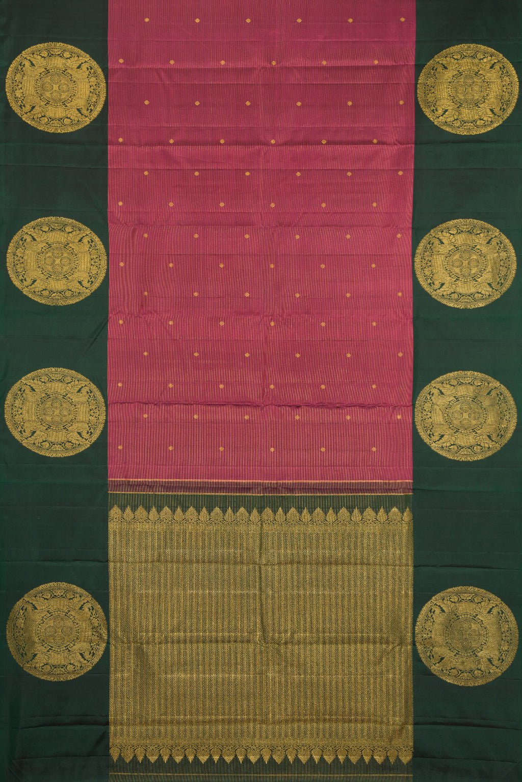 Flat view of Rose Gold Dual Tone Kanjivaram Silk Saree with Stripes on the body and Fancy Border. 