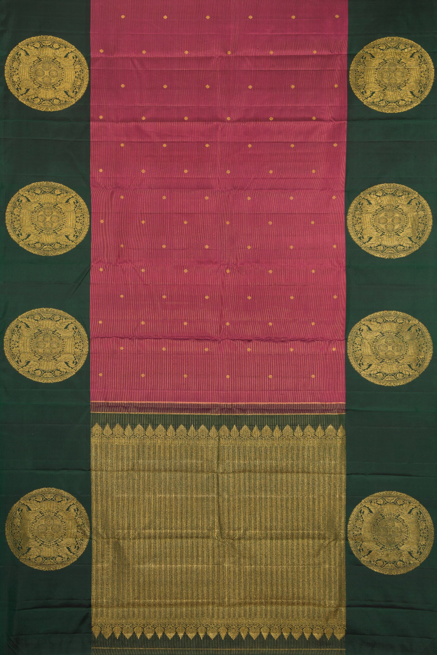 Flat view of Rose Gold Dual Tone Kanjivaram Silk Saree with Stripes on the body and Fancy Border. 