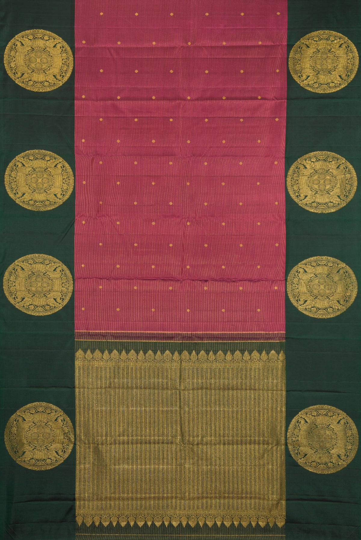 Flat view of Rose Gold Dual Tone Kanjivaram Silk Saree with Stripes on the body and Fancy Border. 
