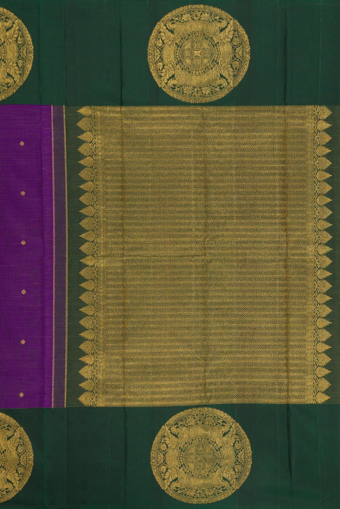Close up image of the pallu of Violet Kanjivaram Silk Saree with Stripes on the body and Fancy Border. 