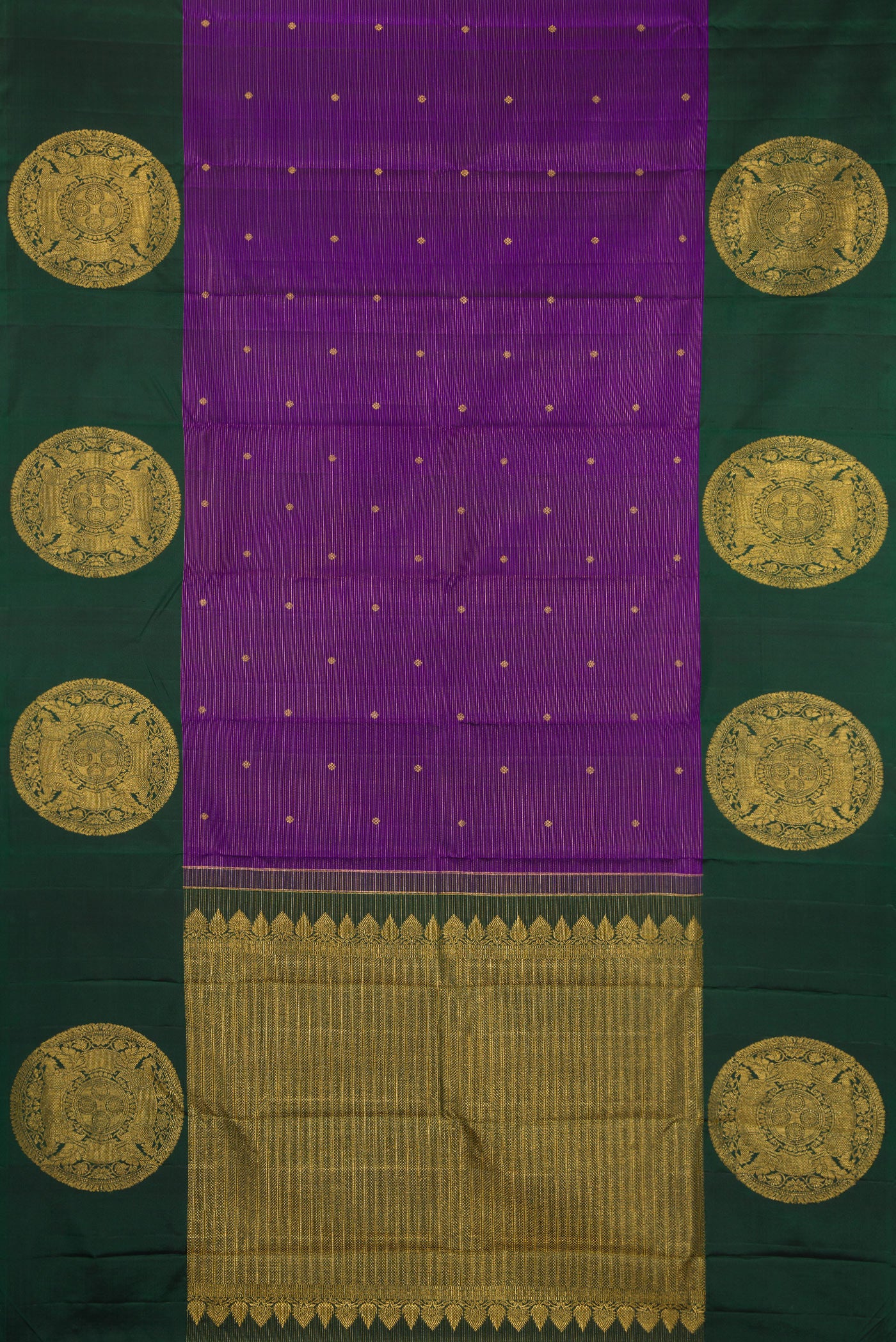 Flat view of Violet Kanjivaram Silk Saree with Stripes on the body and Fancy Border. 