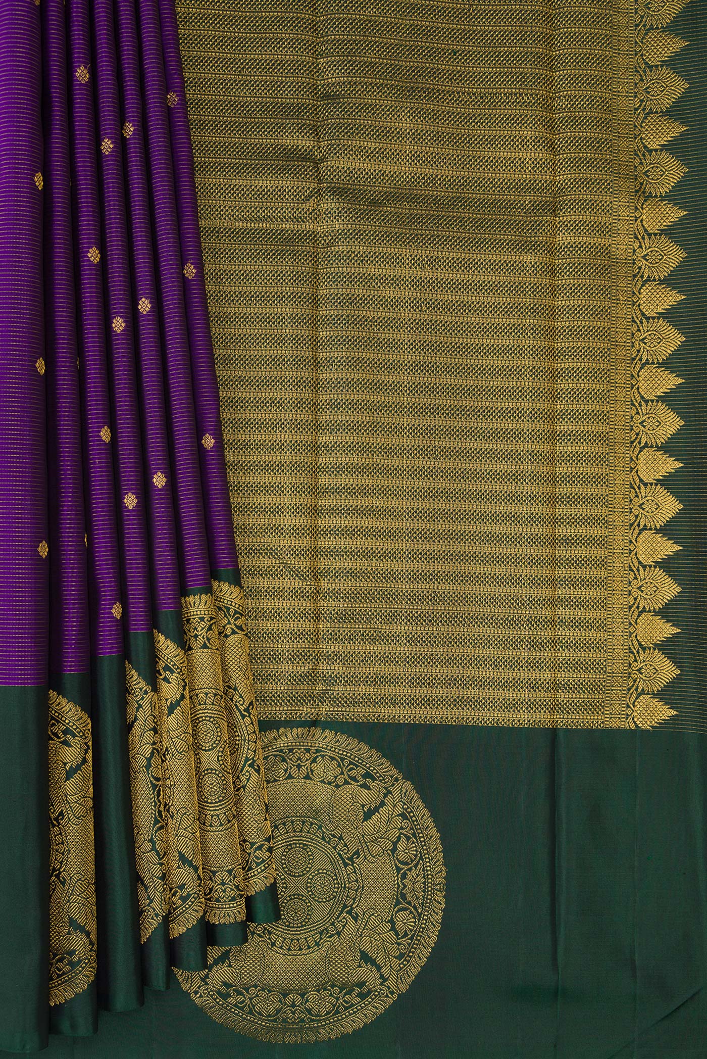 Pleats and pallu of Violet Kanjivaram Silk Saree with Stripes on the body and Fancy Border. 