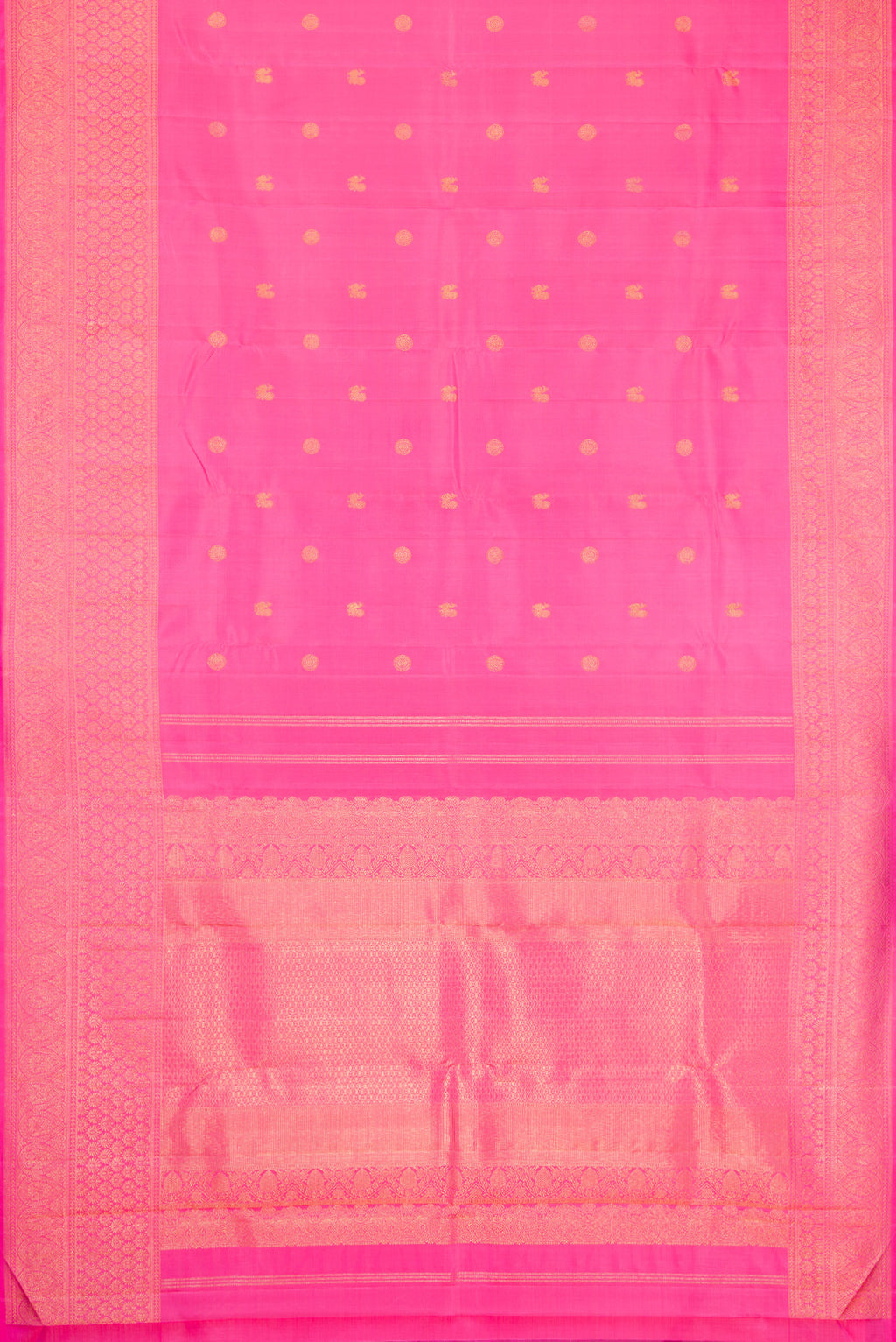 Flat view of Pink Dual Tone Kanjivaram Silk Saree with Zari Butta on the body and Fancy Border. 