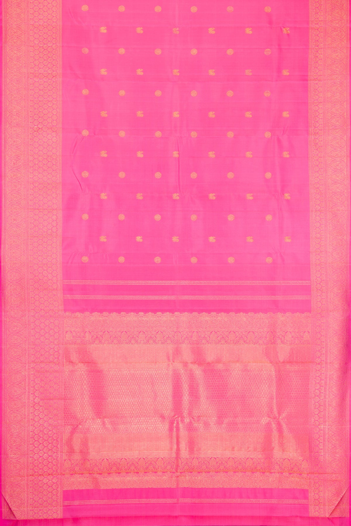 Flat view of Pink Dual Tone Kanjivaram Silk Saree with Zari Butta on the body and Fancy Border. 