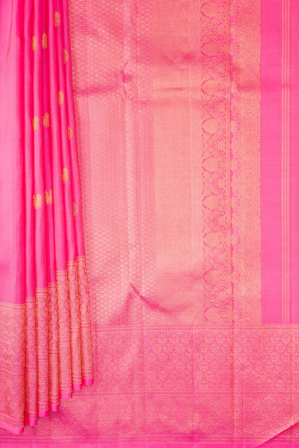Pleats and pallu of Pink Dual Tone Kanjivaram Silk Saree with Zari Butta on the body and Fancy Border. 