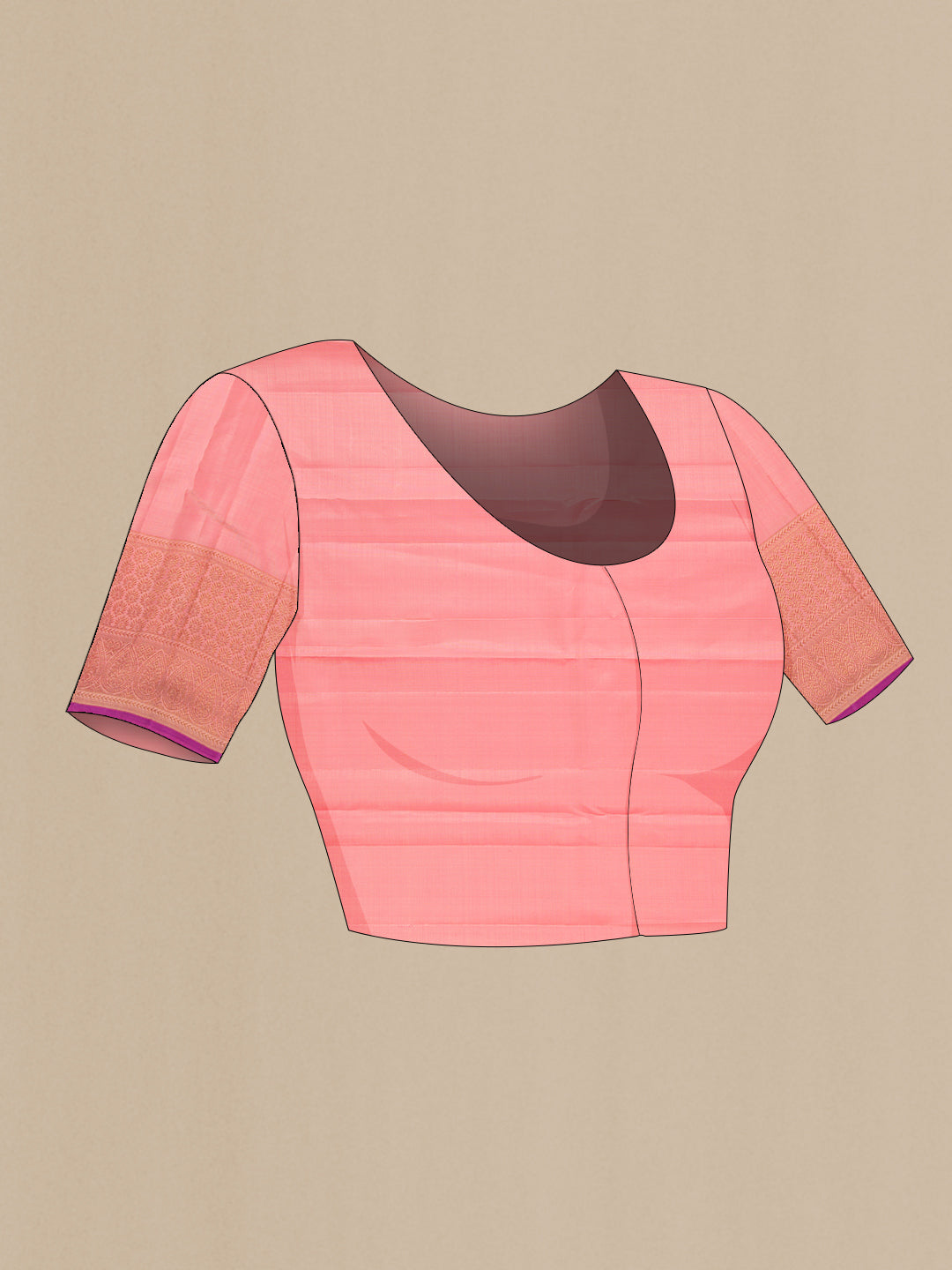 Close up image of the blouse of Peach Dual Tone Kanjivaram Silk Saree with Zari Butta on the body and Fancy Border. 