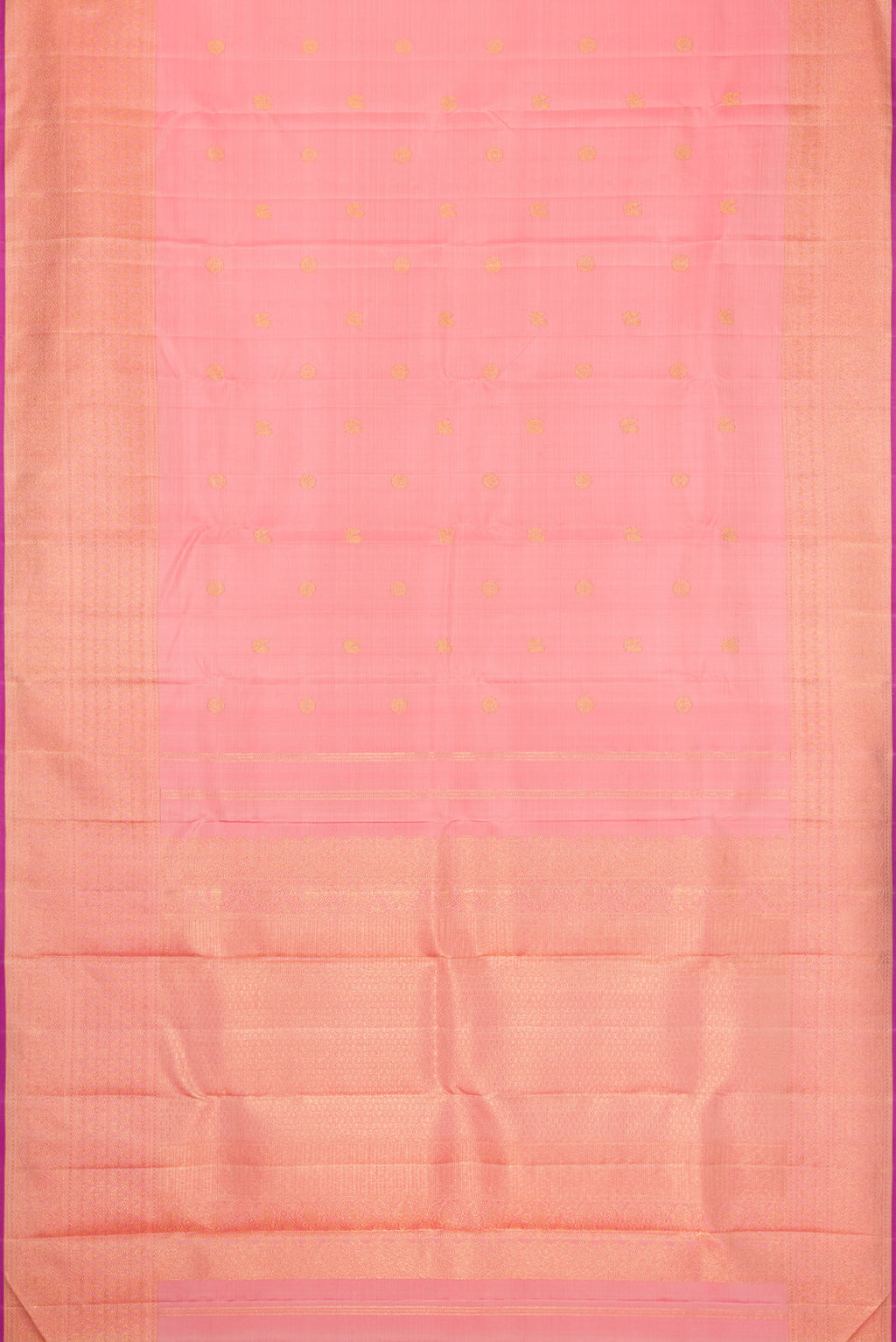Flat view of Peach Dual Tone Kanjivaram Silk Saree with Zari Butta on the body and Fancy Border. 