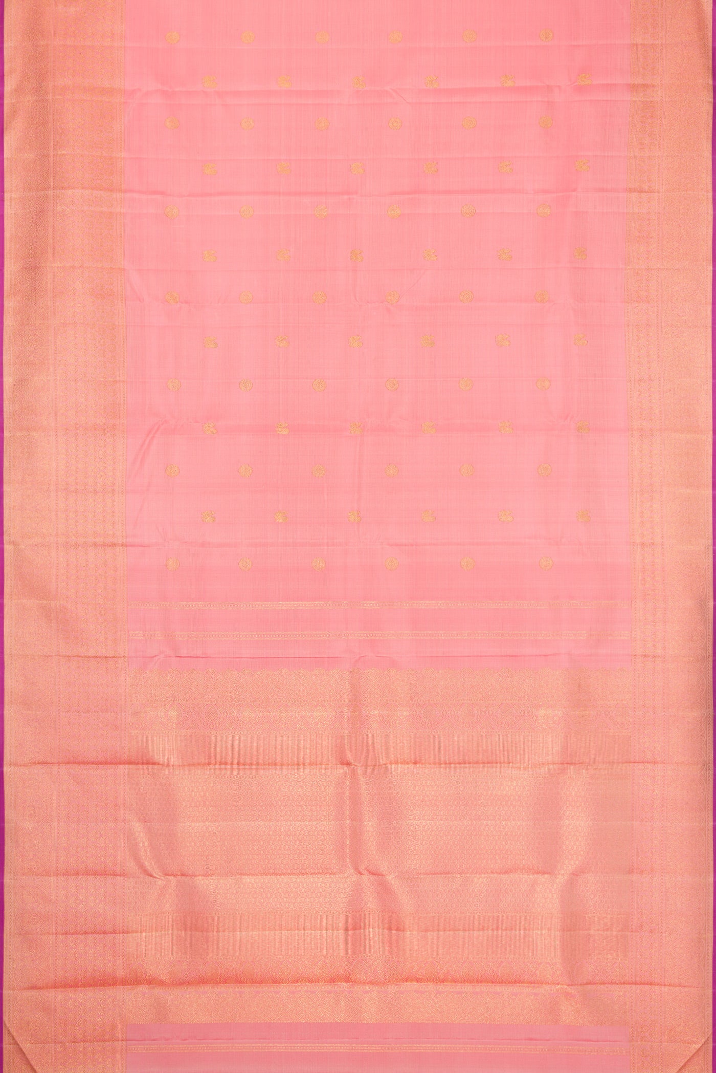 Flat view of Peach Dual Tone Kanjivaram Silk Saree with Zari Butta on the body and Fancy Border. 