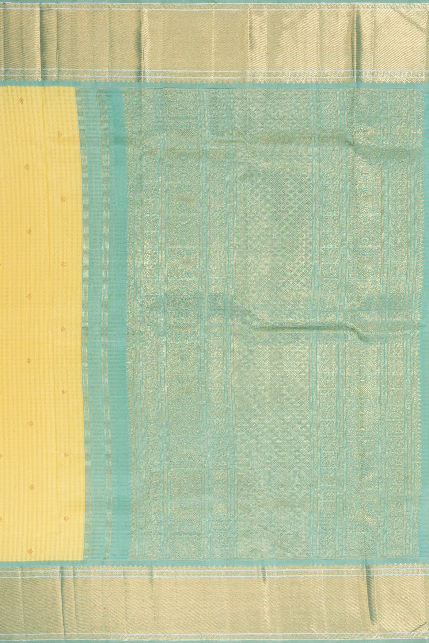 Close up image of the pallu of Pure Silk Pure Zari Sandal Dual Tone Kanjivaram Saree with Checked design on the body and Zari Border. 