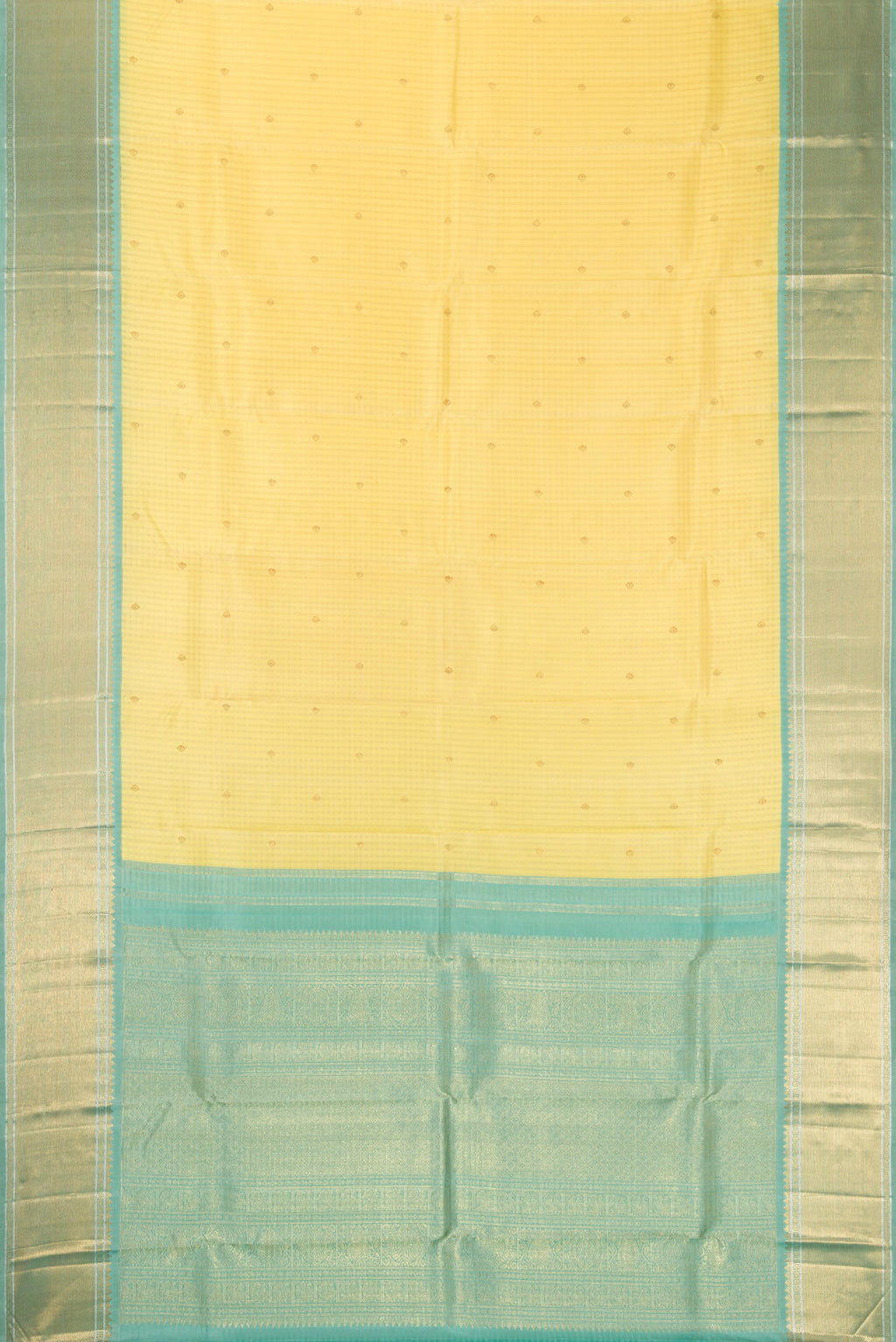 Flat view of Pure Silk Pure Zari Sandal Dual Tone Kanjivaram Saree with Checked design on the body and Zari Border. 