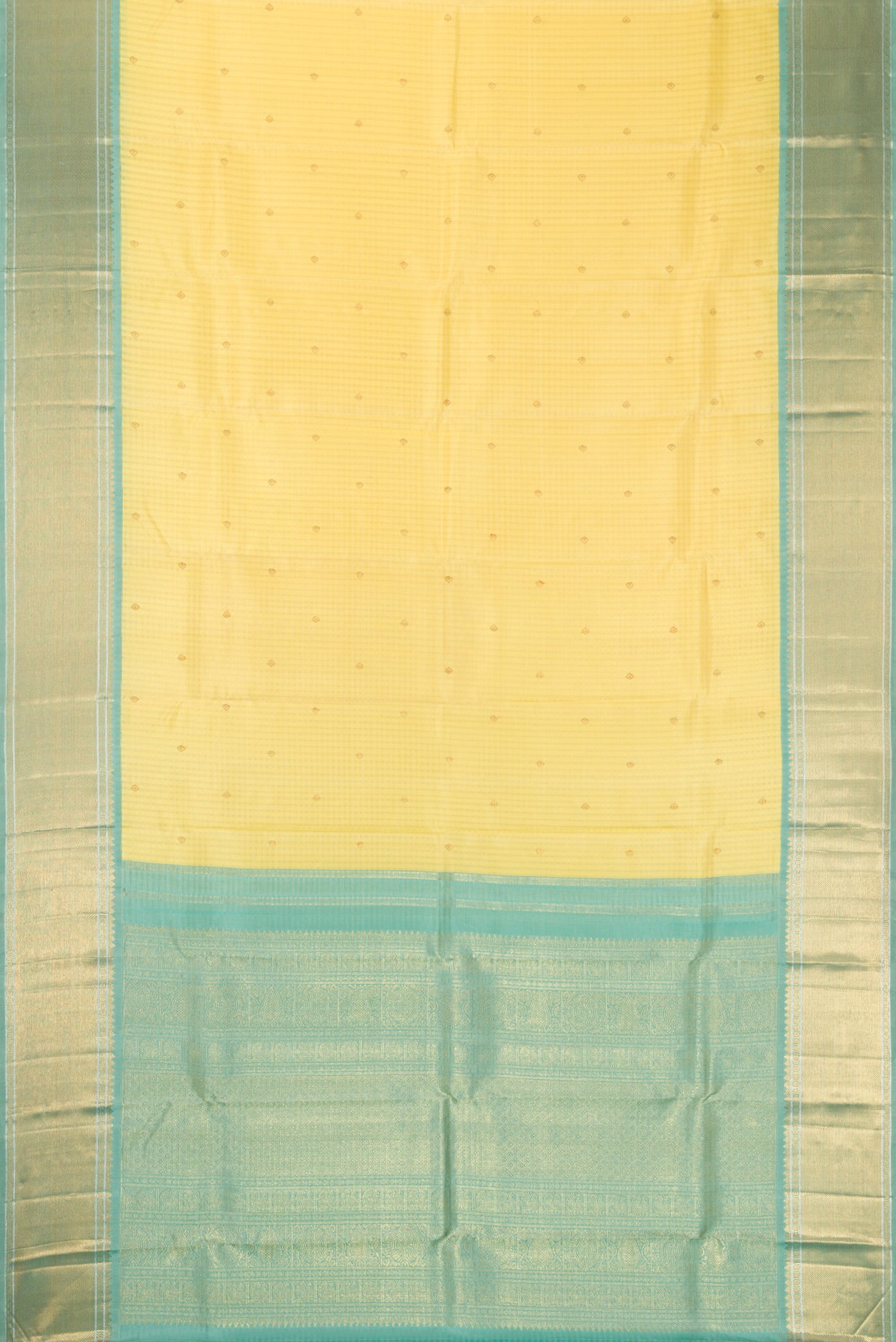 Flat view of Pure Silk Pure Zari Sandal Dual Tone Kanjivaram Saree with Checked design on the body and Zari Border. 