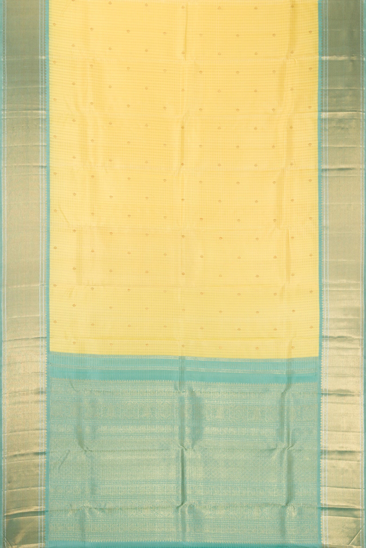 Flat view of Pure Silk Pure Zari Sandal Dual Tone Kanjivaram Saree with Checked design on the body and Zari Border. 