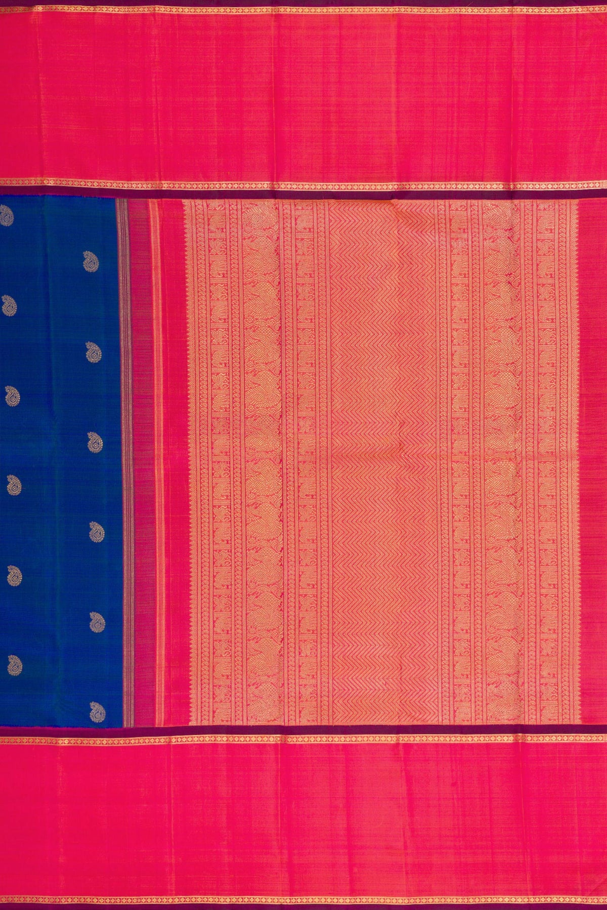 Close up image of the pallu of Pure Silk Pure Zari Peacock Blue Dual Tone Kanjivaram Saree with Zari Butta on the body and Zari Border. 