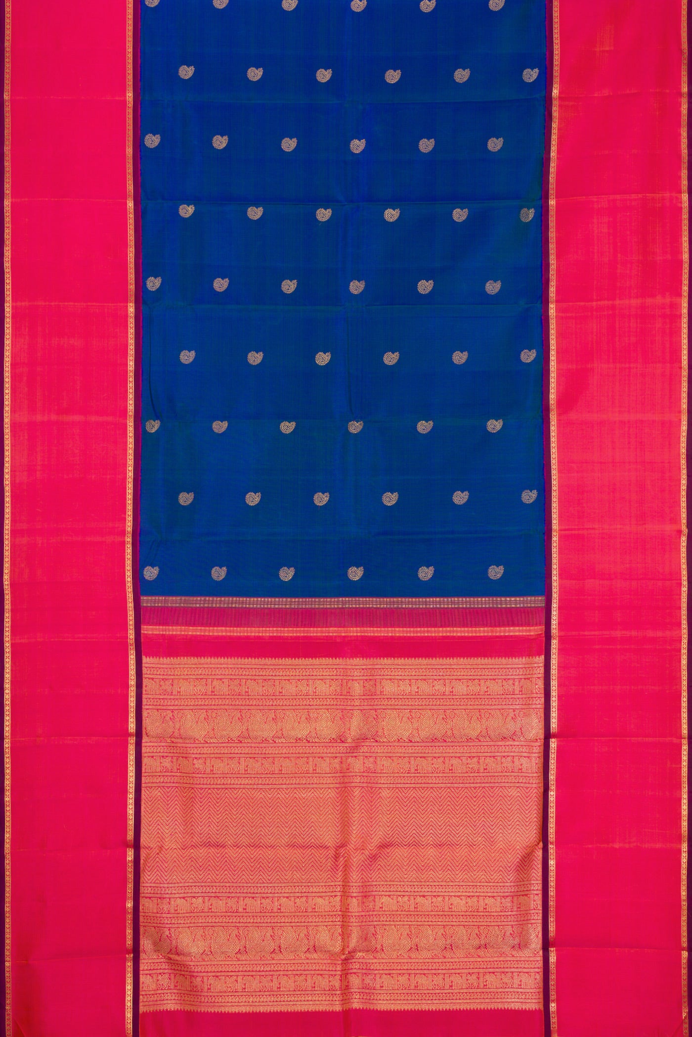 Flat view of Pure Silk Pure Zari Peacock Blue Dual Tone Kanjivaram Saree with Zari Butta on the body and Zari Border. 