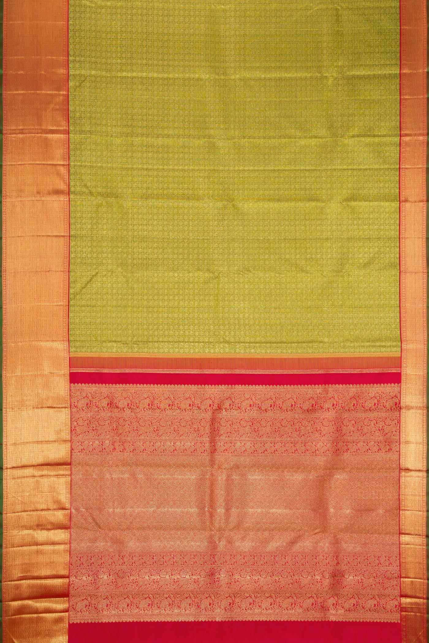 Flat view of Pure Silk Pure Zari Green Dual Tone Kanjivaram Saree with Zari Brocade on the body and Zari Border. 