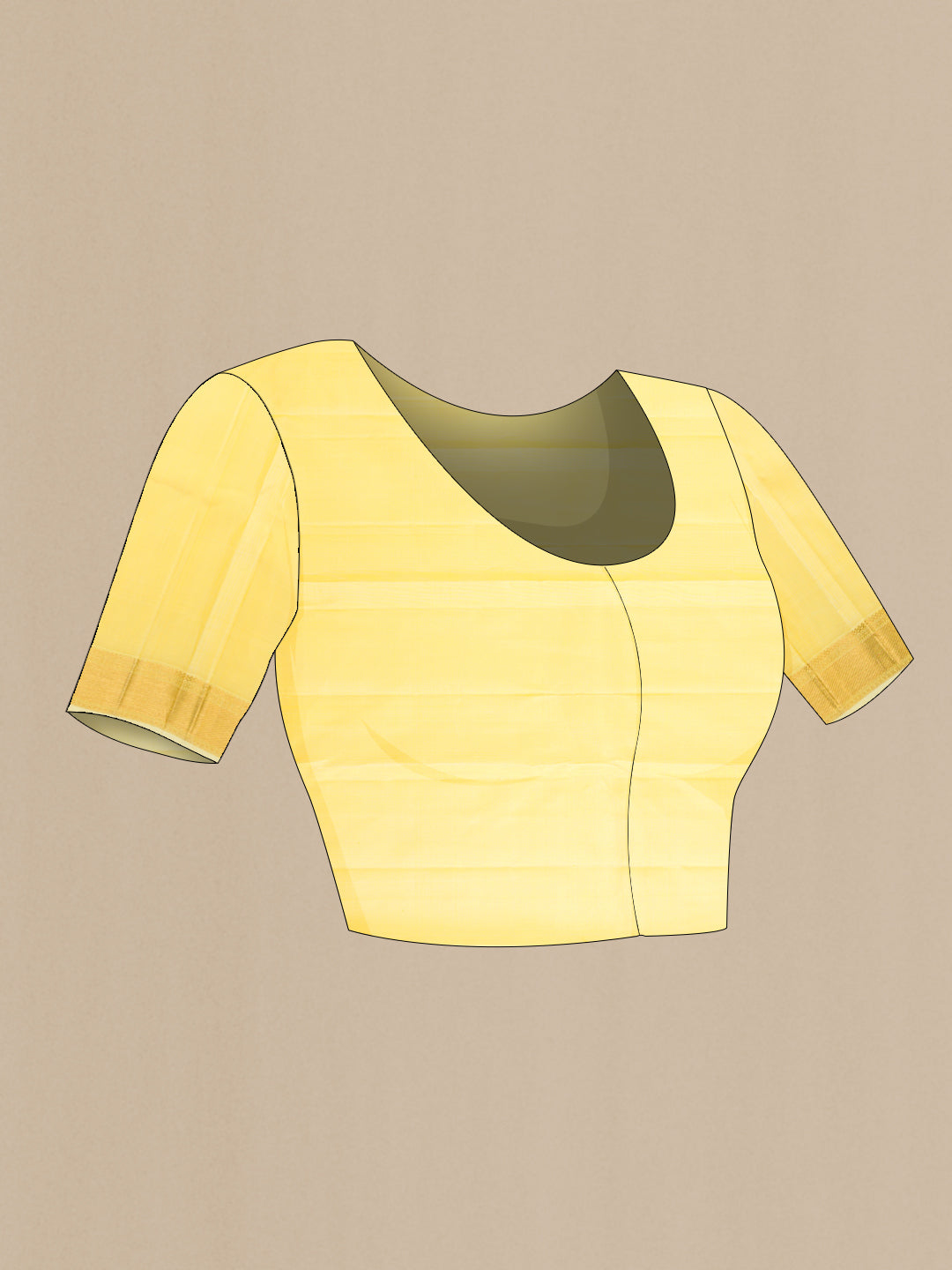 Close up image of the blouse of Lemon Yellow Dual Tone Kanjivaram Silk Saree with Zari Brocade on the body and Zari Border. 