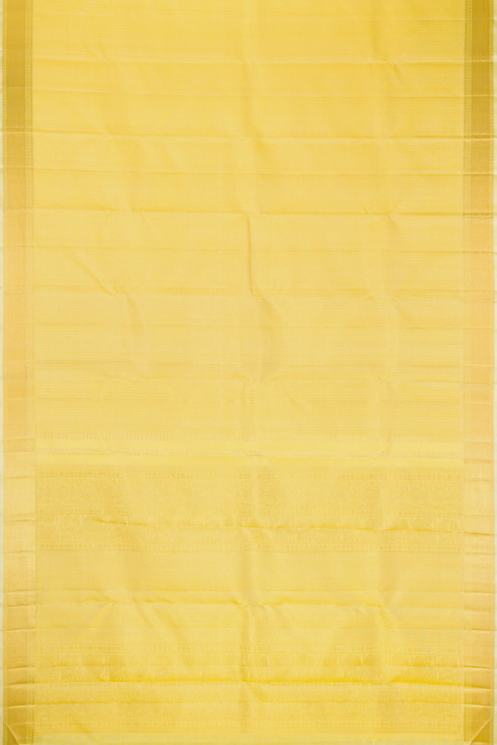Flat view of Lemon Yellow Dual Tone Kanjivaram Silk Saree with Zari Brocade on the body and Zari Border. 