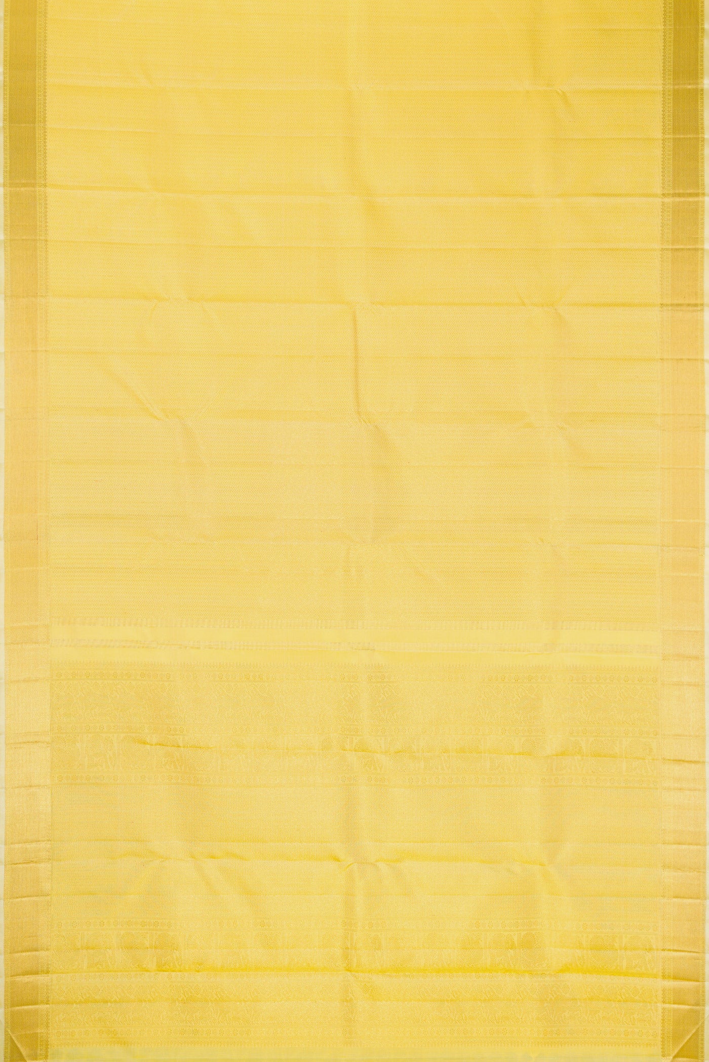 Flat view of Lemon Yellow Dual Tone Kanjivaram Silk Saree with Zari Brocade on the body and Zari Border. 