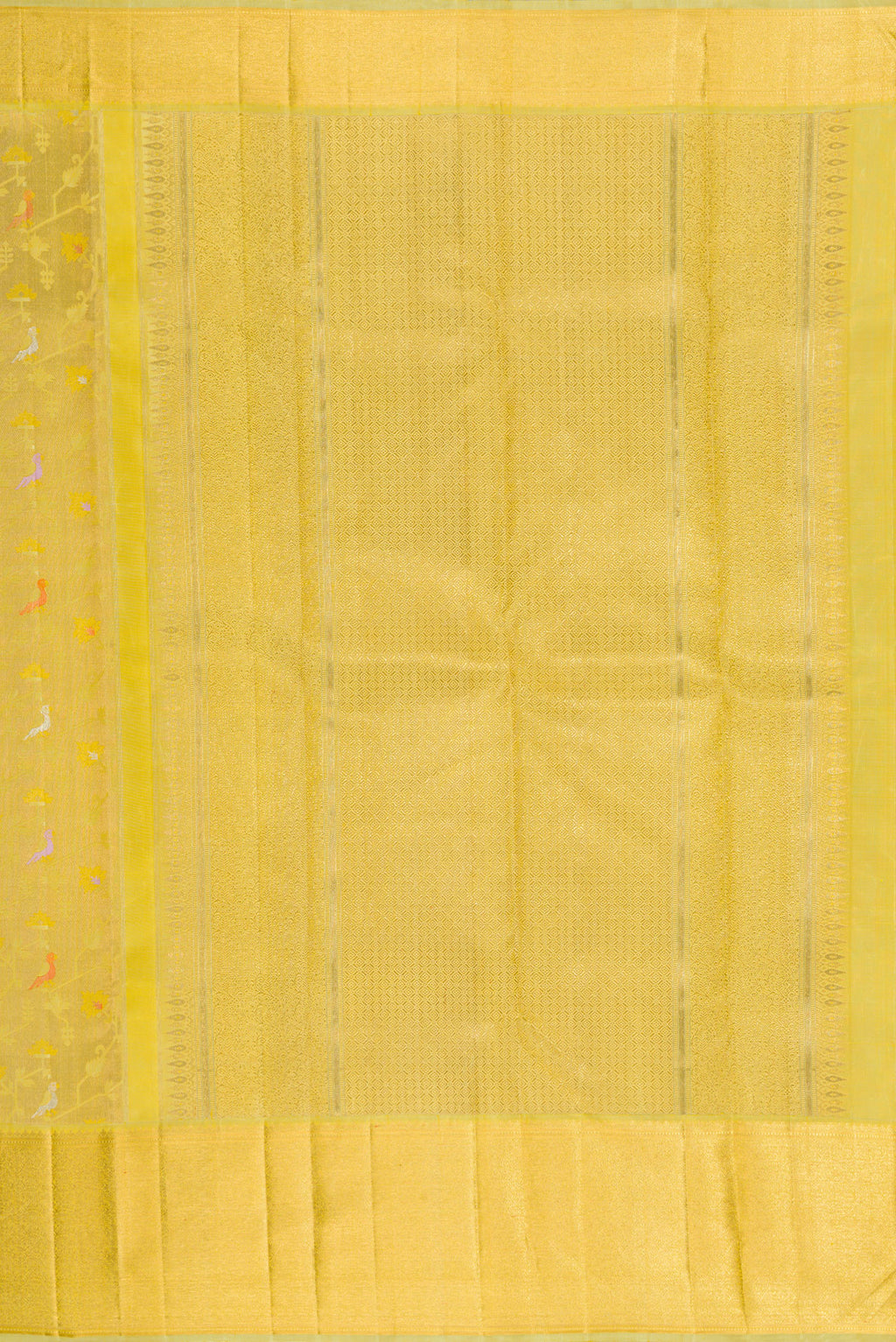 Close up image of the pallu of Pure Silk Pure Zari Pista Green Dual Tone Kanjivaram Saree with Zari Brocade on the body and Zari Border. 
